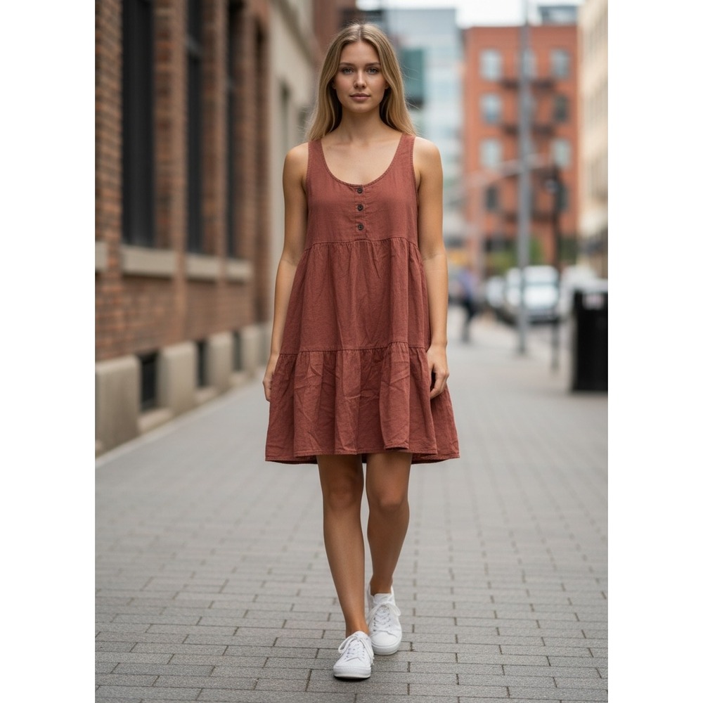 Velvet Heart Terracotta Rust Tiered Sleeveless Mini Dress Small Boho Scoop Neck